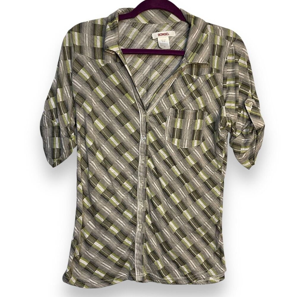 Bongo Button Up Shirt Women's Large Multicolor Geometric Pocket Roll Tab Sleeve